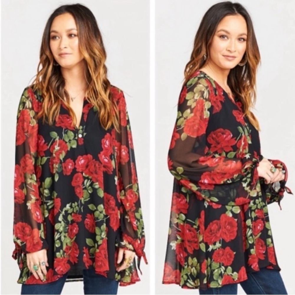 Show Me Your Mumu Johanna Black Rose Tunic Floral Gauzy Lined Blouse NWT S Women